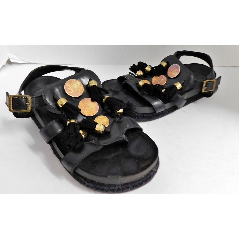 Jazmin Chebar Black Leather Strappy Gladiator Tasseled Sandals sz 8